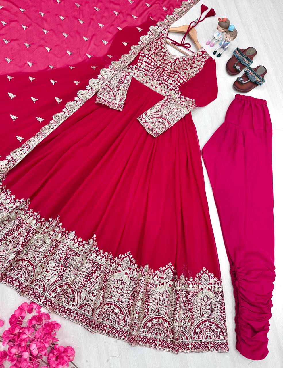 Rani Pink Elegant Embroidered Faux Georgette Gown Set with Dupatta & Chudidar – Fully Stitched Ensemble with 5mm Sequins Work & Tassel Sleeves