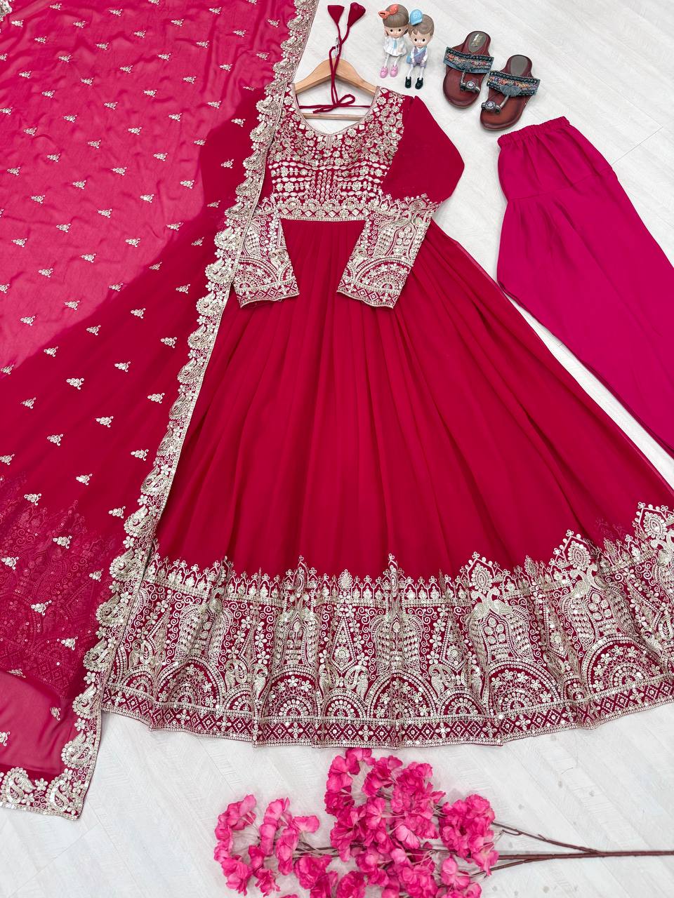 Rani Pink Elegant Embroidered Faux Georgette Gown Set with Dupatta & Chudidar – Fully Stitched Ensemble with 5mm Sequins Work & Tassel Sleeves
