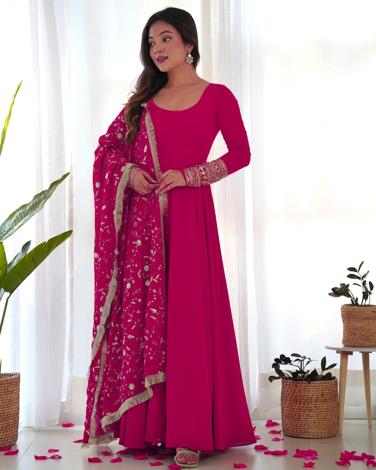 Rani Pink Elegant Georgette Anarkali Gown Set – Festive & Wedding Ready