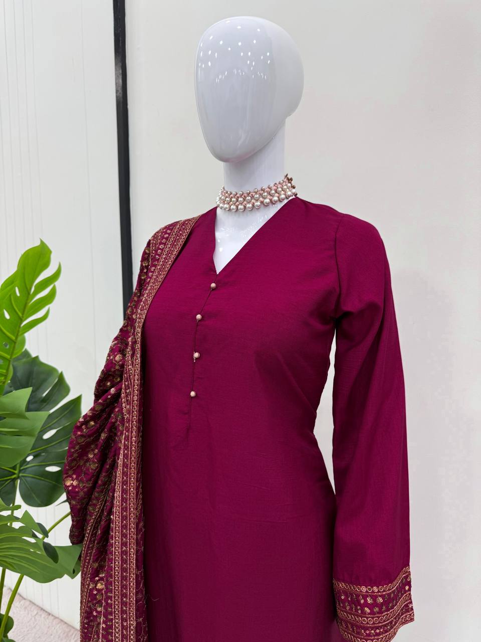 Rani Pink Elegant Monsoon Silk Embroidered Suit Set