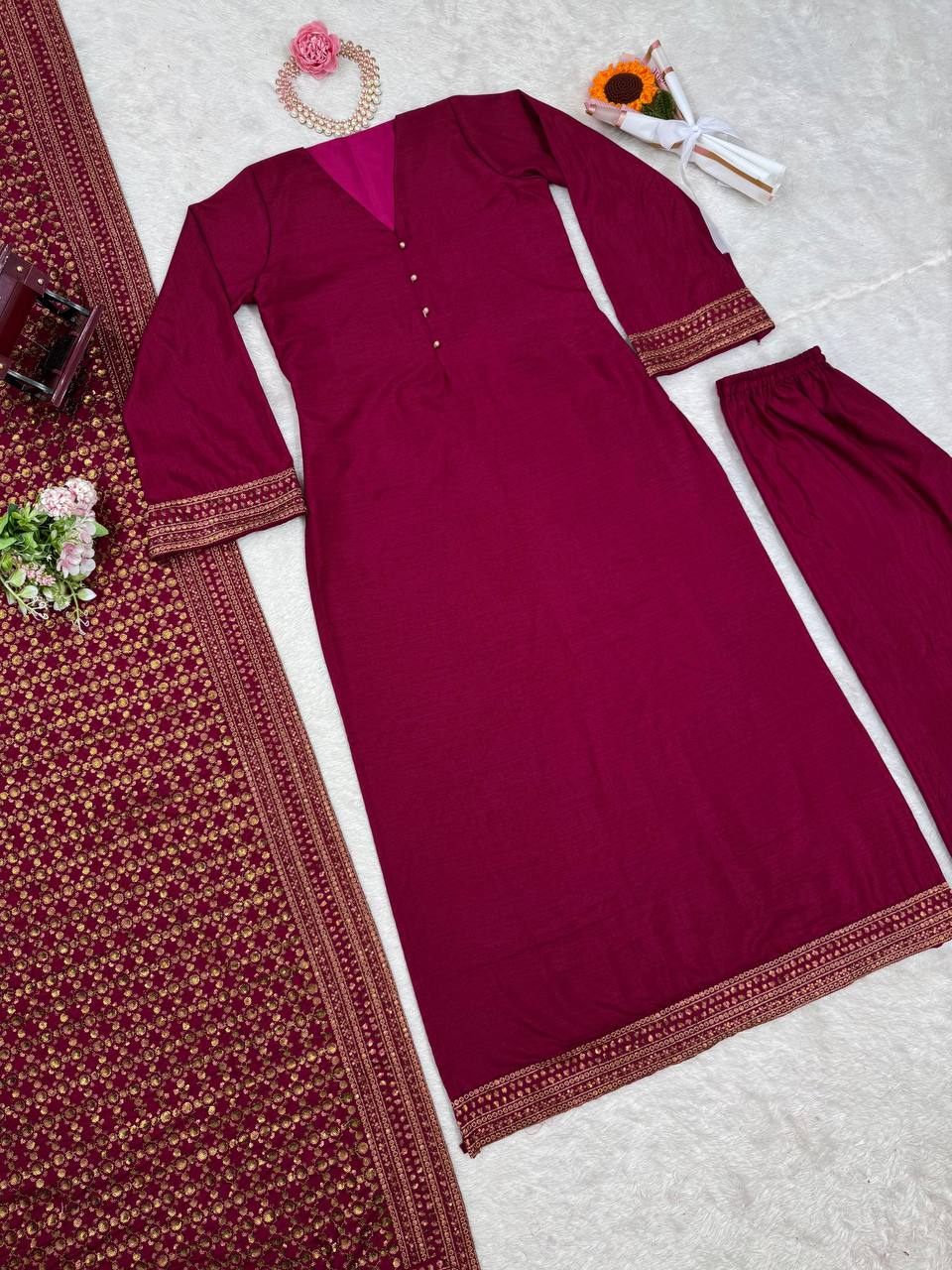 Rani Pink Elegant Monsoon Silk Embroidered Suit Set