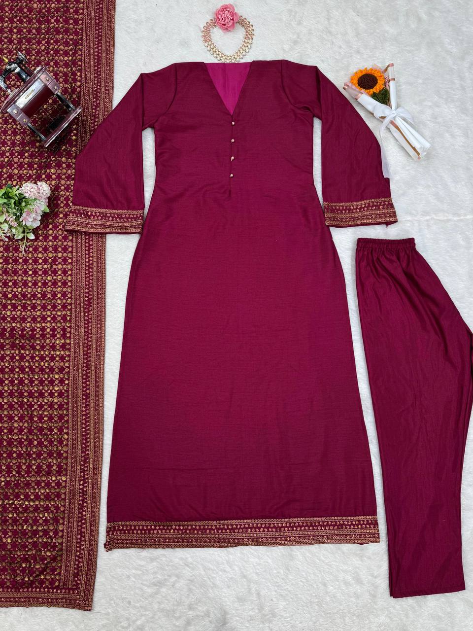 Rani Pink Elegant Monsoon Silk Embroidered Suit Set