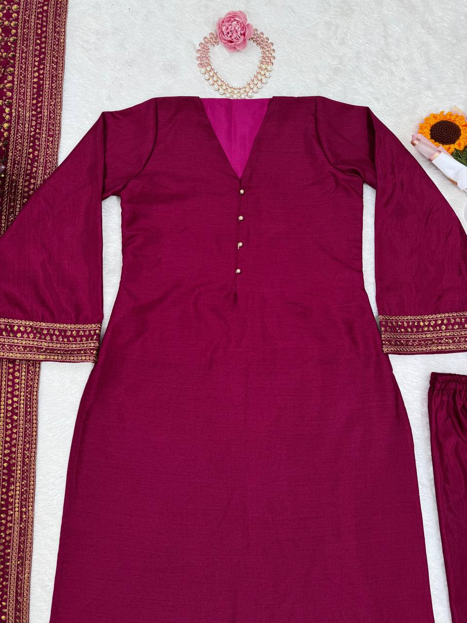 Rani Pink Elegant Monsoon Silk Embroidered Suit Set