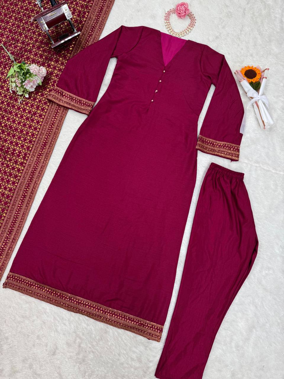 Rani Pink Elegant Monsoon Silk Embroidered Suit Set