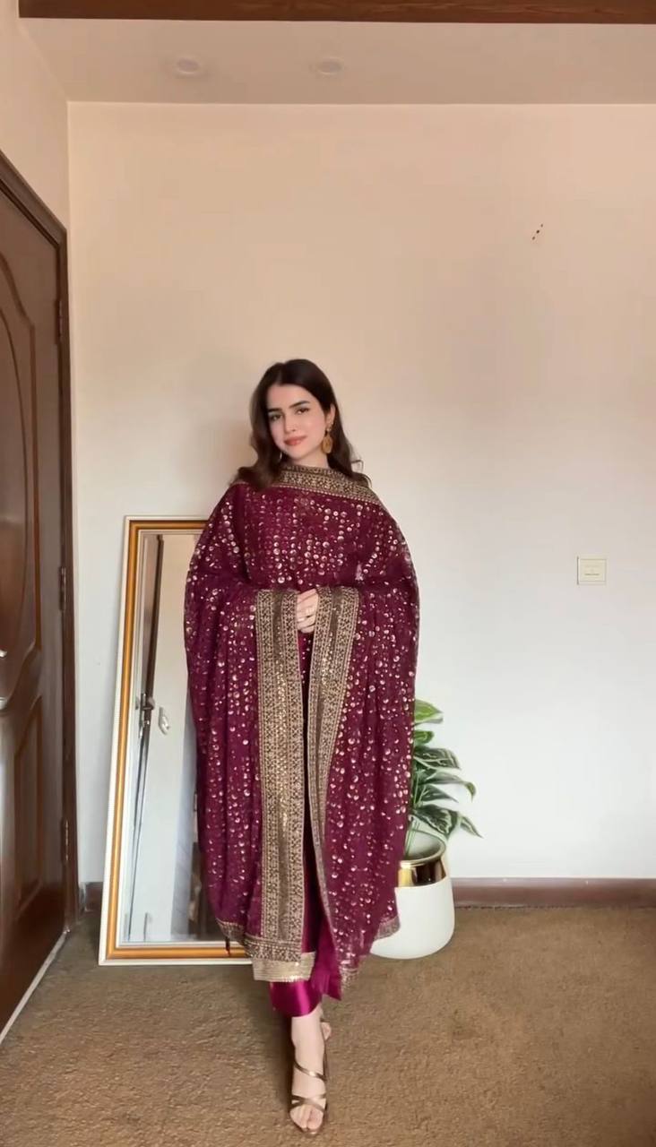 Rani Pink Elegant Monsoon Silk Embroidered Suit Set