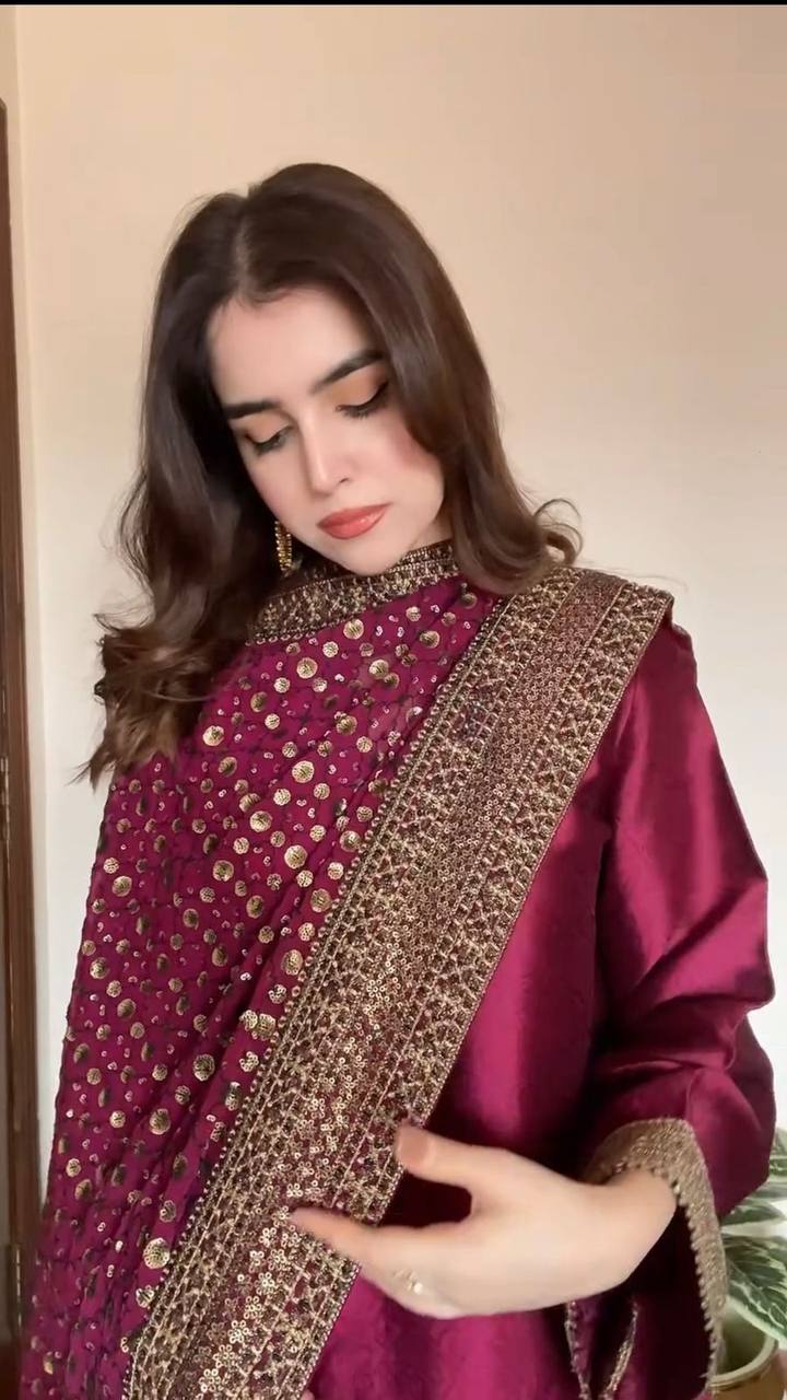 Rani Pink Elegant Monsoon Silk Embroidered Suit Set