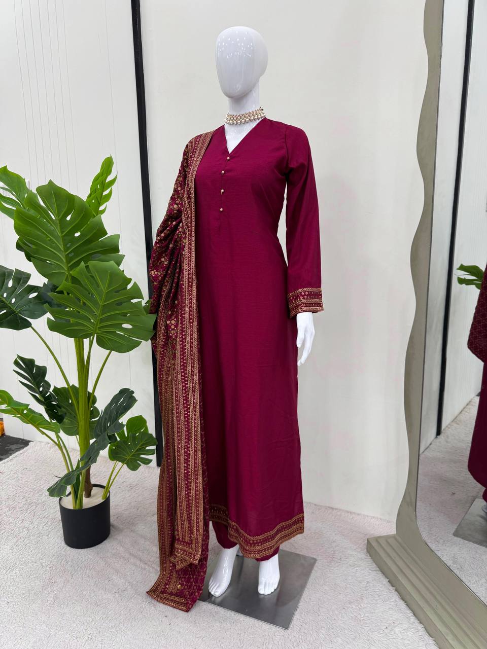 Rani Pink Elegant Monsoon Silk Embroidered Suit Set
