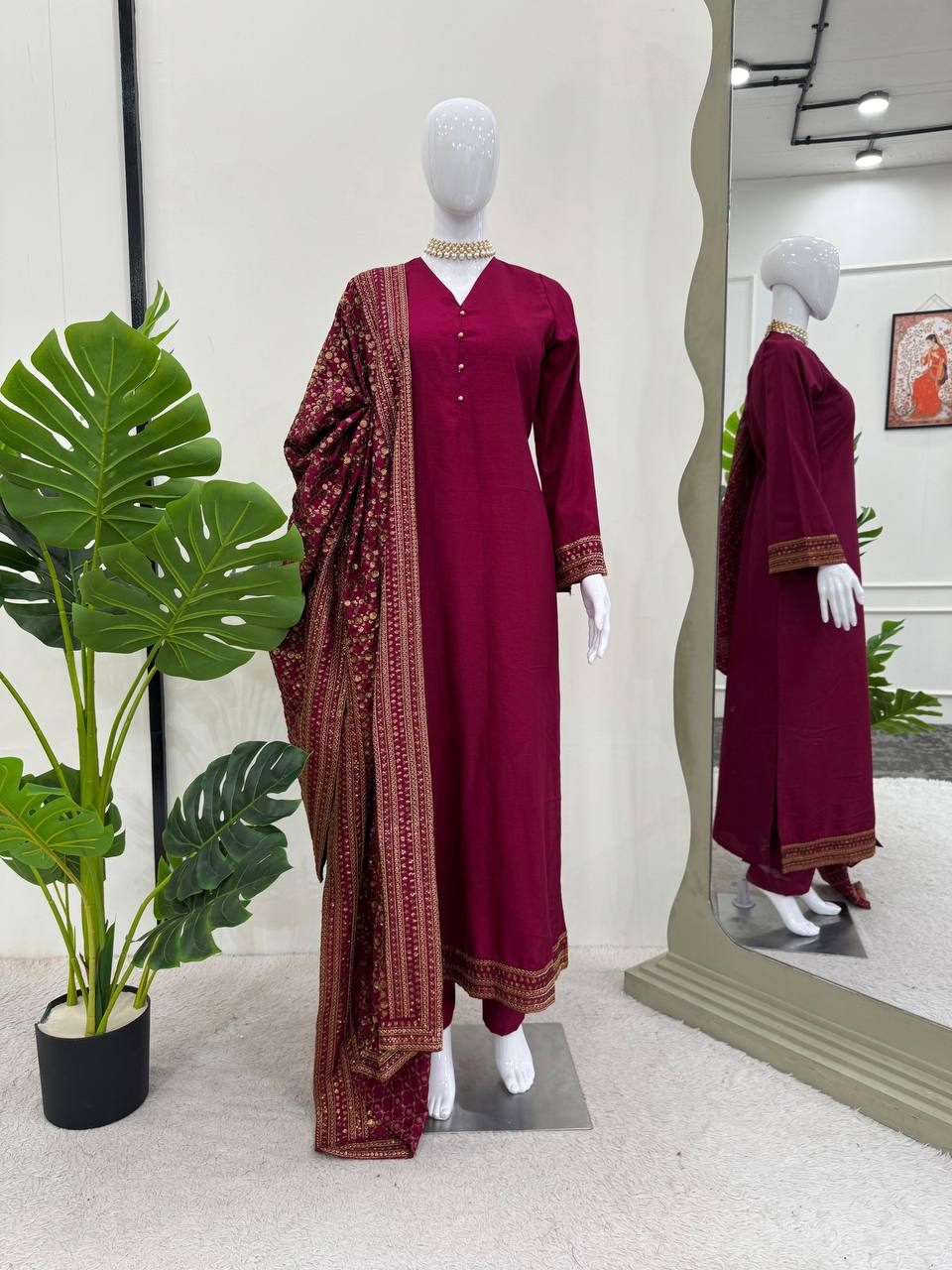 Rani Pink Elegant Monsoon Silk Embroidered Suit Set