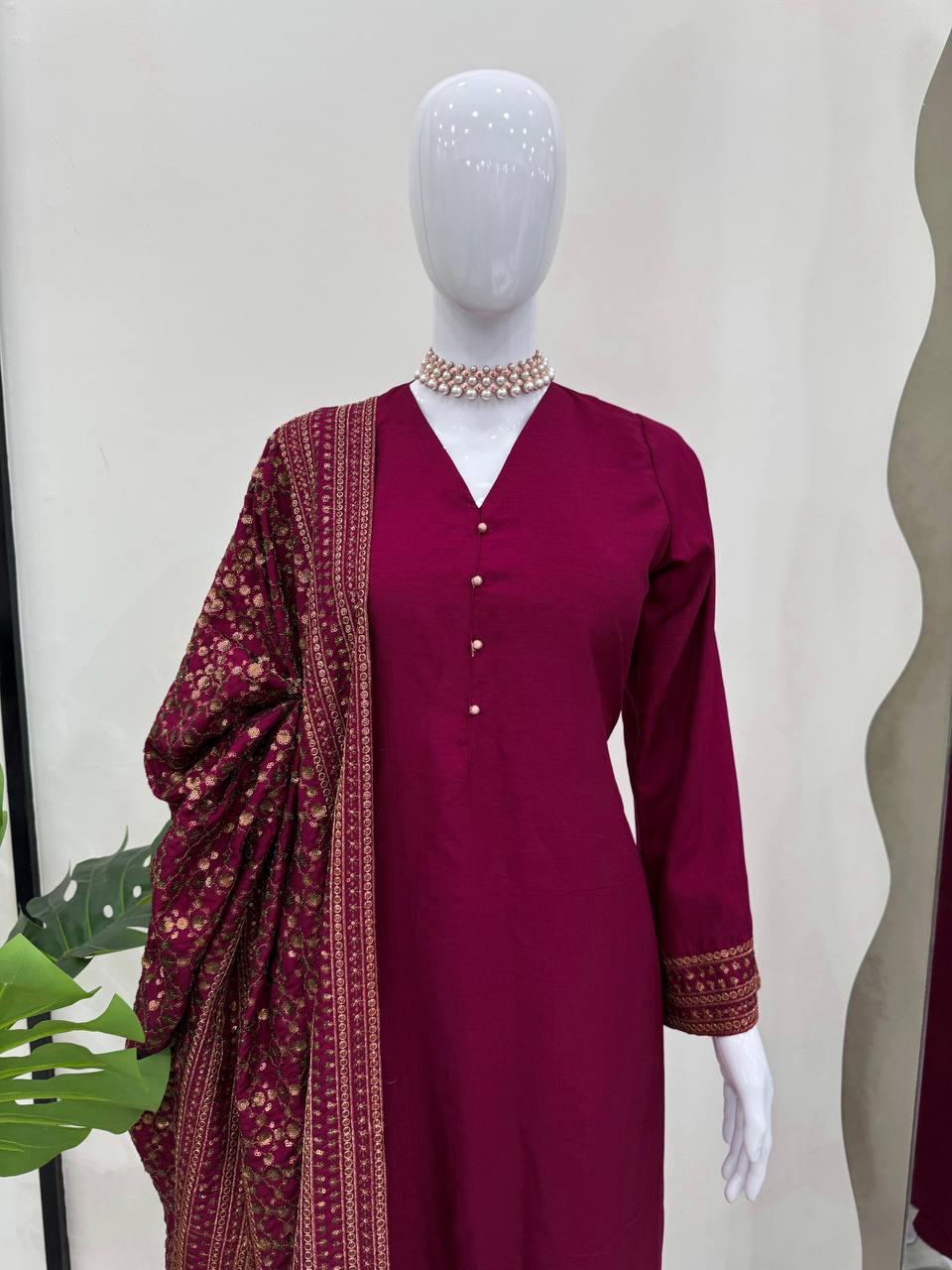Rani Pink Elegant Monsoon Silk Embroidered Suit Set