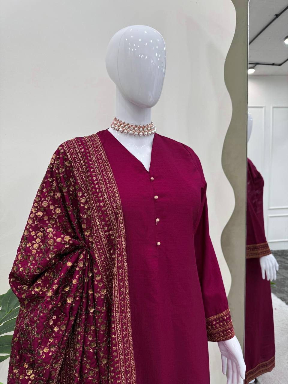 Rani Pink Elegant Monsoon Silk Embroidered Suit Set