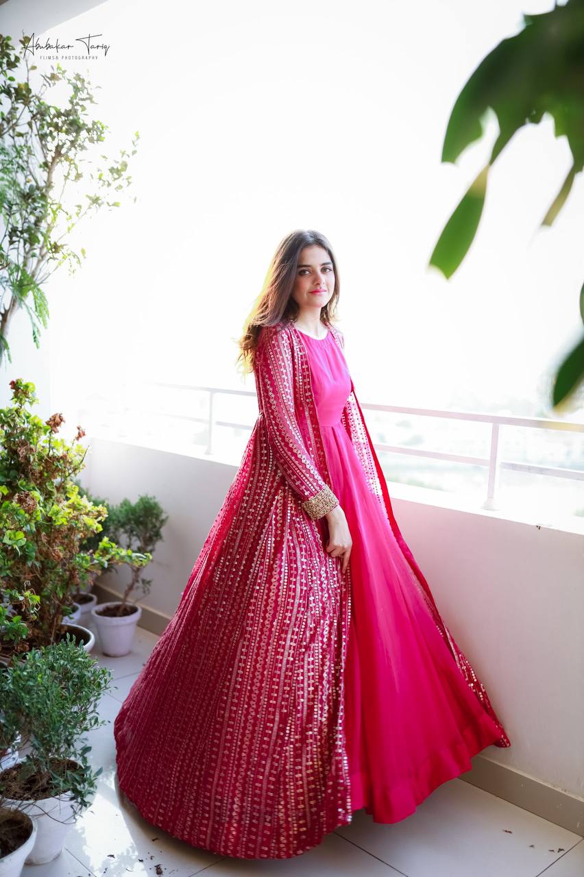 Rani Pink Elegant Party Wear Gown & Long Koti Set with Embroidery and Sequins