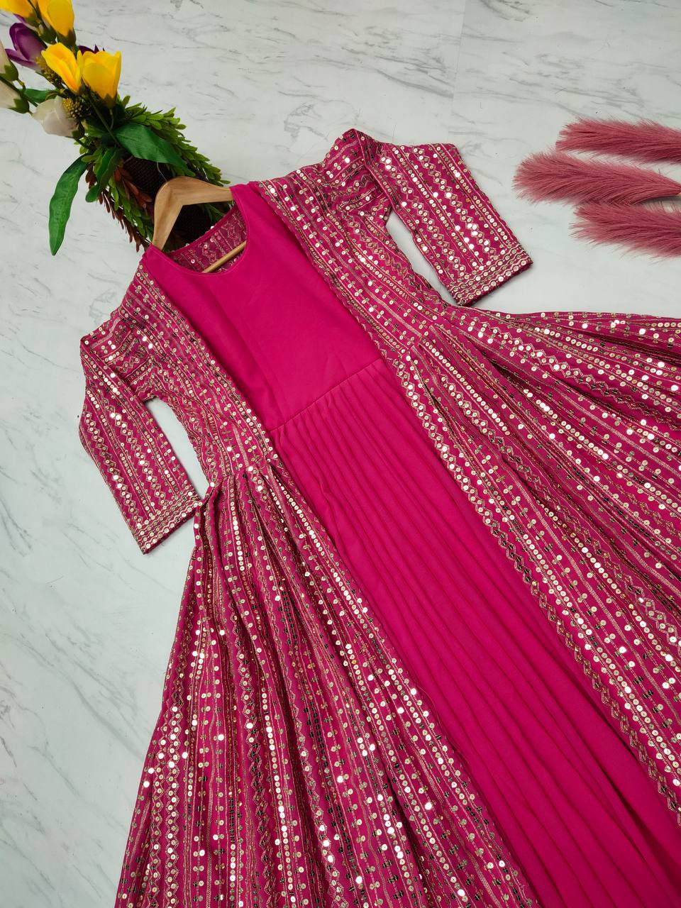 Rani Pink Elegant Party Wear Gown & Long Koti Set with Embroidery and Sequins
