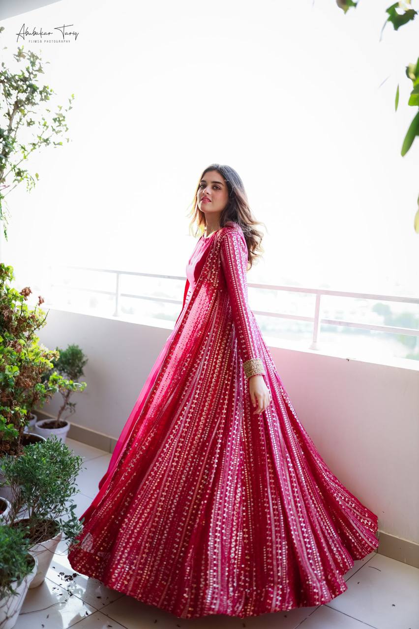 Rani Pink Elegant Party Wear Gown & Long Koti Set with Embroidery and Sequins