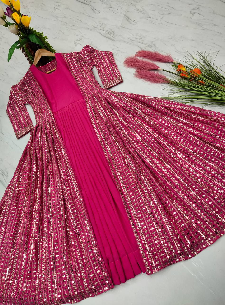 Rani Pink Elegant Party Wear Gown & Long Koti Set with Embroidery and Sequins