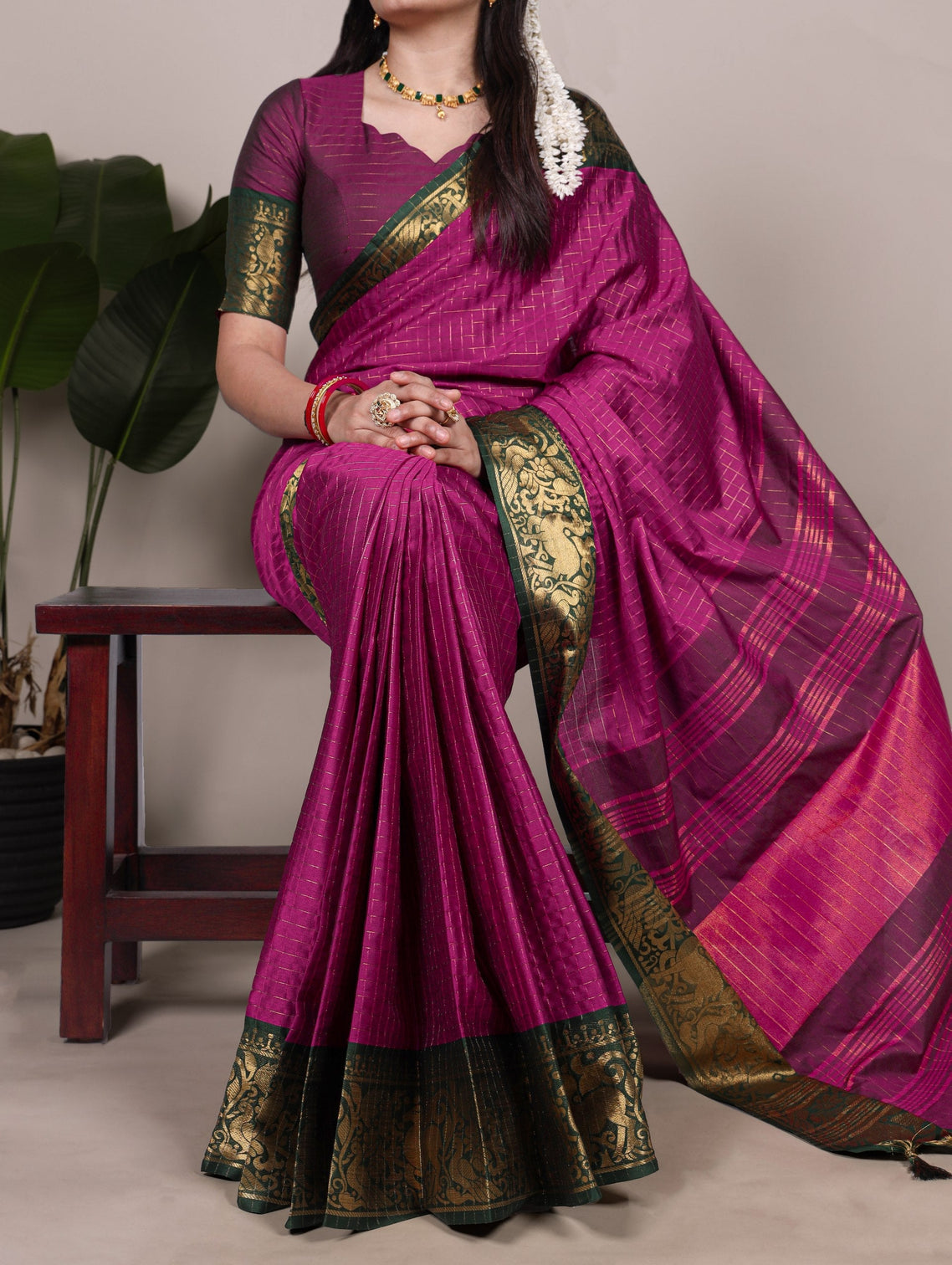 Rani Pink Elegant Poly Cotton Saree with Chex Zari Weaving