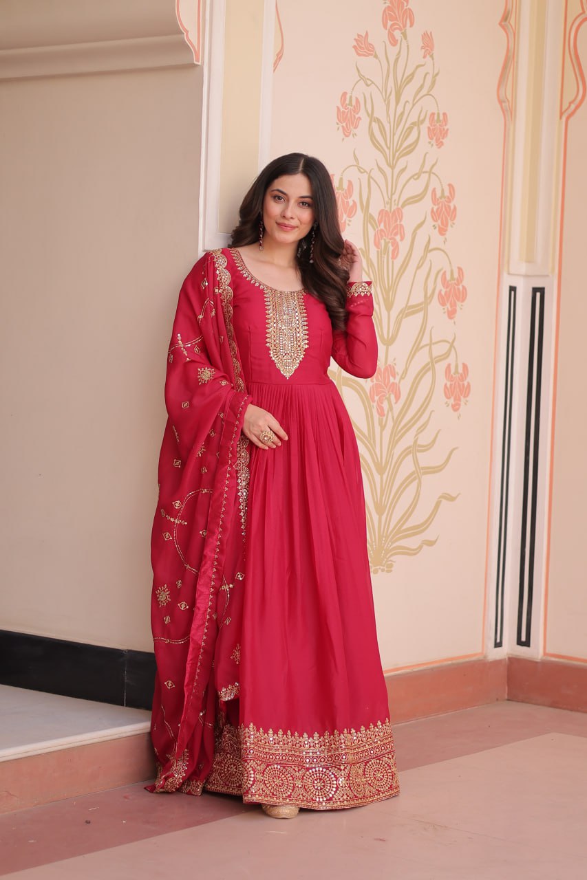 Rani Pink Elegant Star Georgette Gown with Zari & Sequins Embroidery and Designer Dupatta