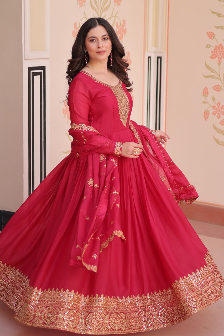Rani Pink Elegant Star Georgette Gown with Zari & Sequins Embroidery and Designer Dupatta