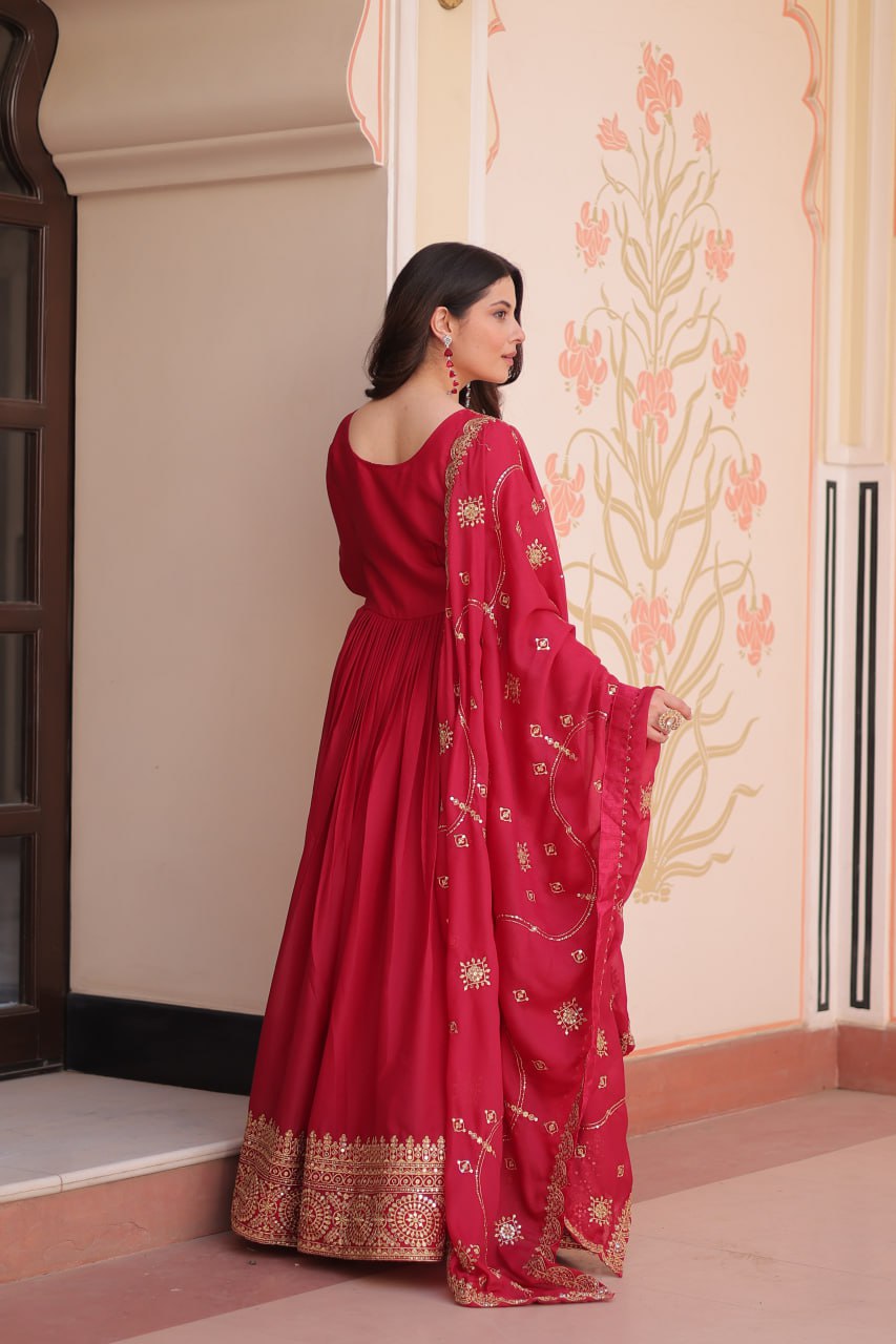 Rani Pink Elegant Star Georgette Gown with Zari & Sequins Embroidery and Designer Dupatta