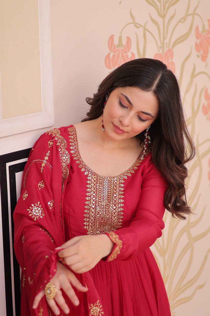 Rani Pink Elegant Star Georgette Gown with Zari & Sequins Embroidery and Designer Dupatta