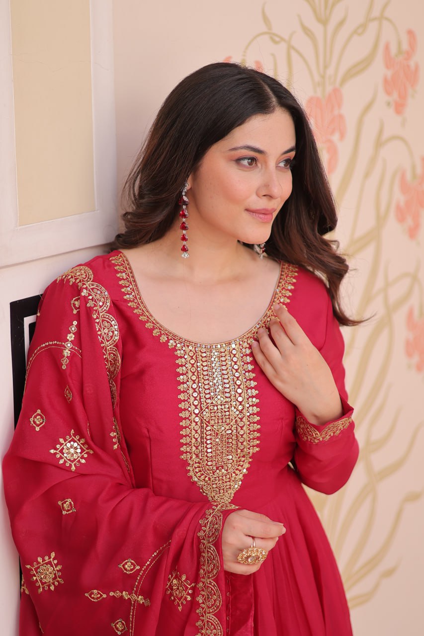 Rani Pink Elegant Star Georgette Gown with Zari & Sequins Embroidery and Designer Dupatta