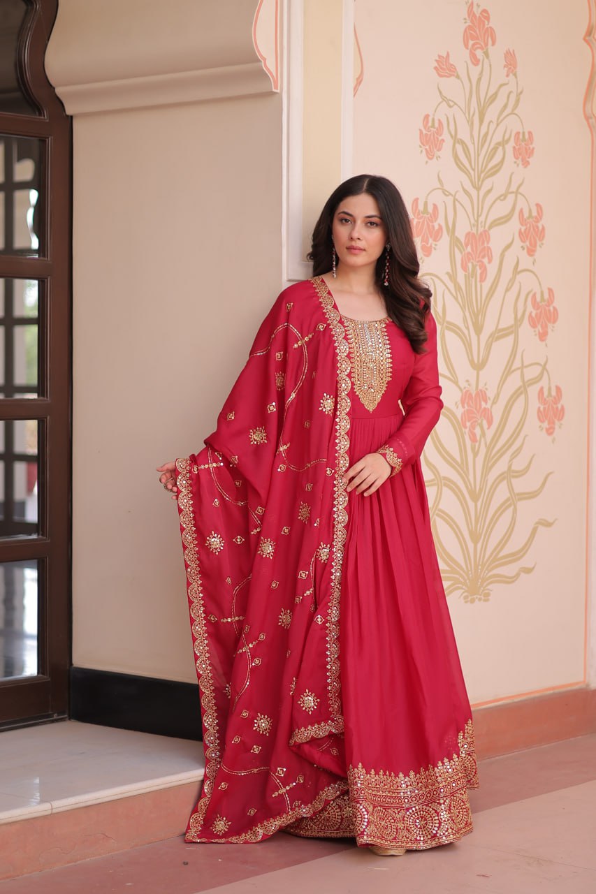 Rani Pink Elegant Star Georgette Gown with Zari & Sequins Embroidery and Designer Dupatta