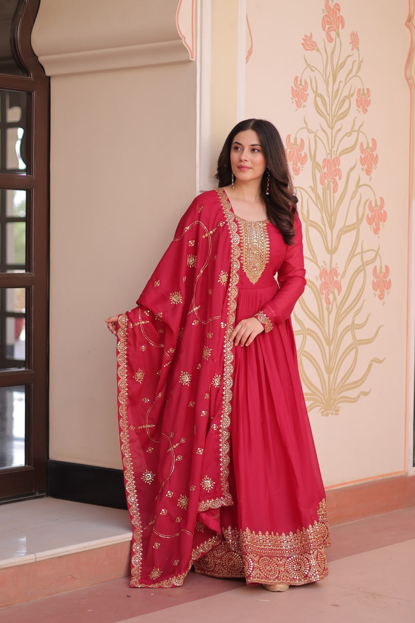 Rani Pink Elegant Star Georgette Gown with Zari & Sequins Embroidery and Designer Dupatta