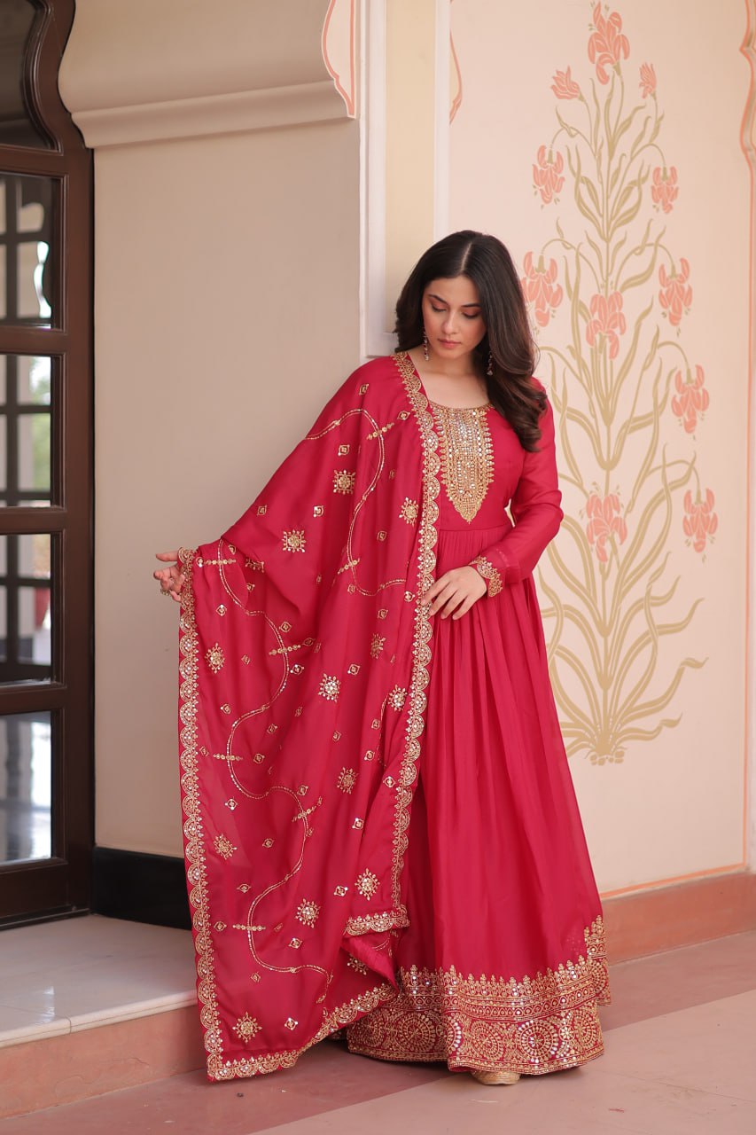 Rani Pink Elegant Star Georgette Gown with Zari & Sequins Embroidery and Designer Dupatta