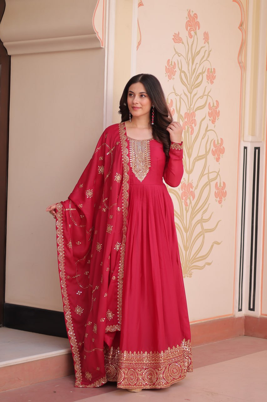 Rani Pink Elegant Star Georgette Gown with Zari & Sequins Embroidery and Designer Dupatta