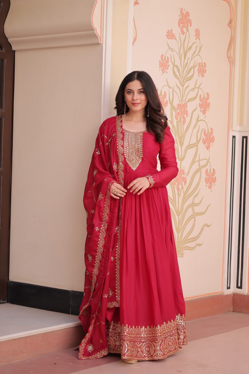 Rani Pink Elegant Star Georgette Gown with Zari & Sequins Embroidery and Designer Dupatta