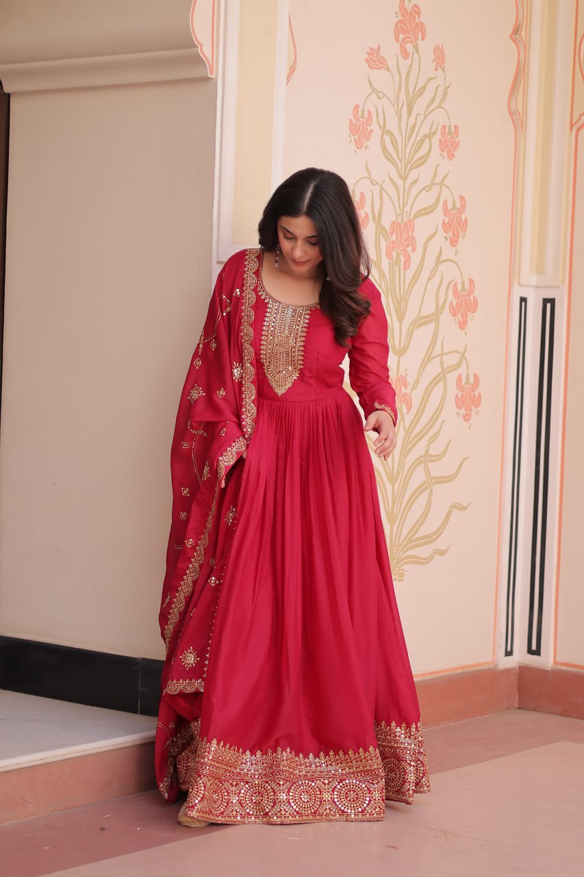 Rani Pink Elegant Star Georgette Gown with Zari & Sequins Embroidery and Designer Dupatta