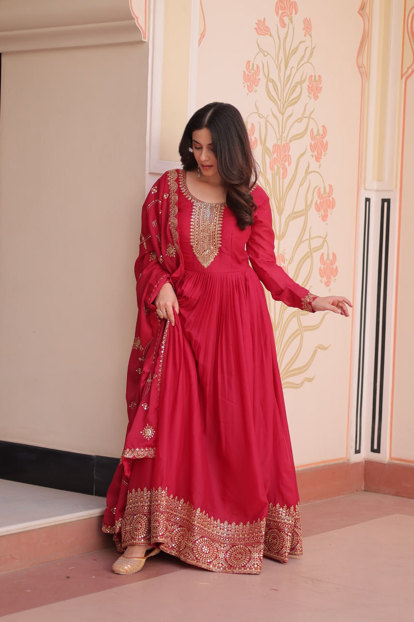 Rani Pink Elegant Star Georgette Gown with Zari & Sequins Embroidery and Designer Dupatta