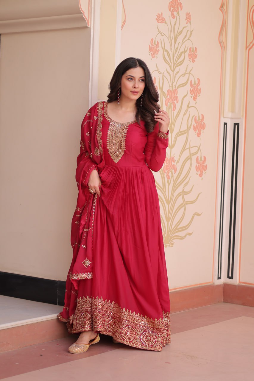 Rani Pink Elegant Star Georgette Gown with Zari & Sequins Embroidery and Designer Dupatta
