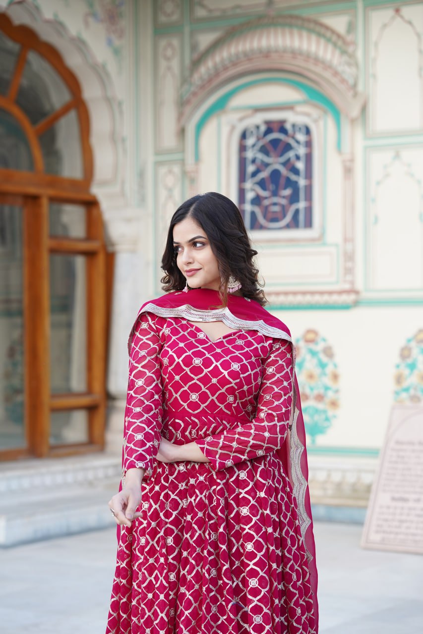 Rani Pink Embroidered Faux Blooming Gown with Sequin Dupatta