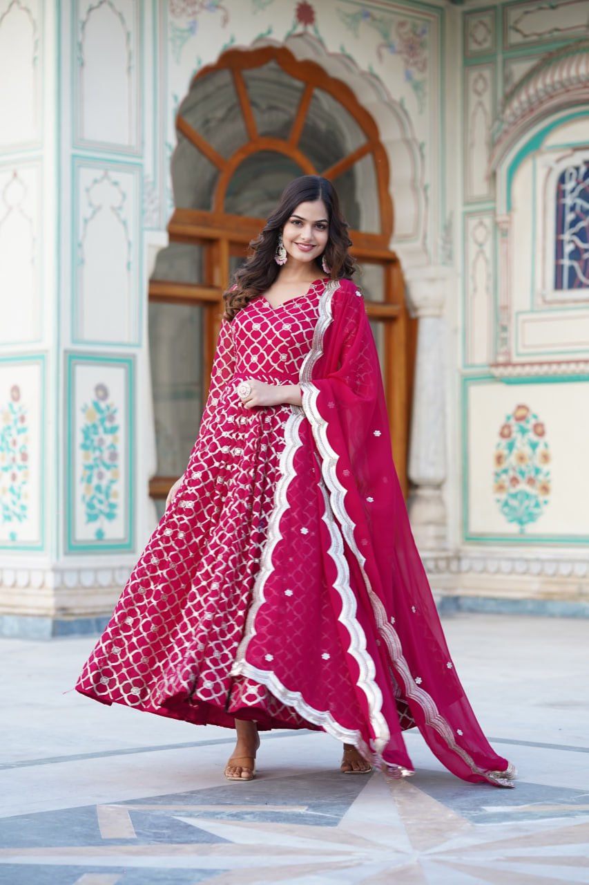 Rani Pink Embroidered Faux Blooming Gown with Sequin Dupatta