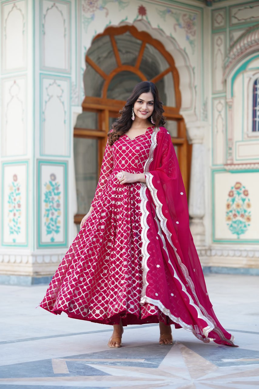 Rani Pink Embroidered Faux Blooming Gown with Sequin Dupatta