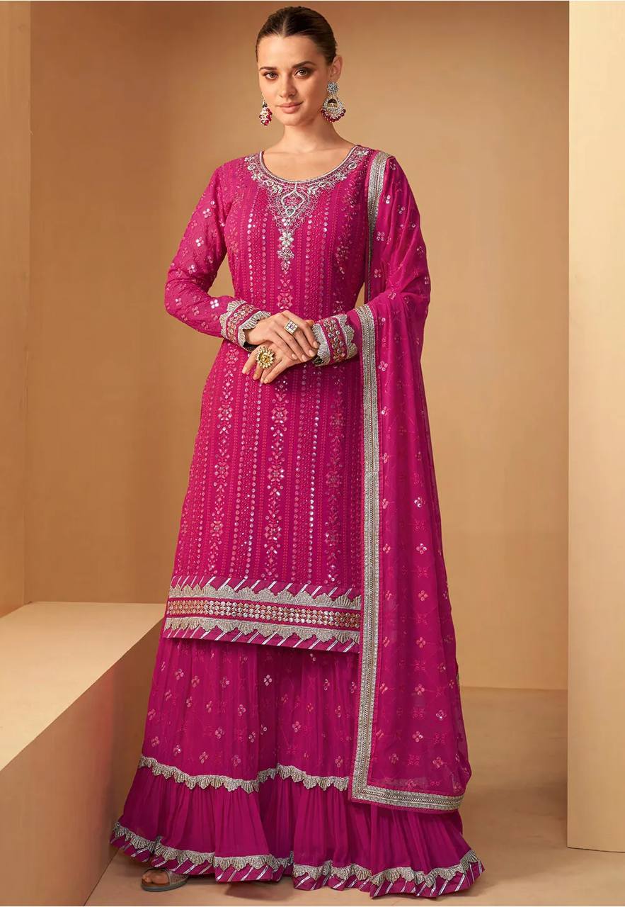Rani Pink Embroidered Georgette Anarkali Lehenga Suit