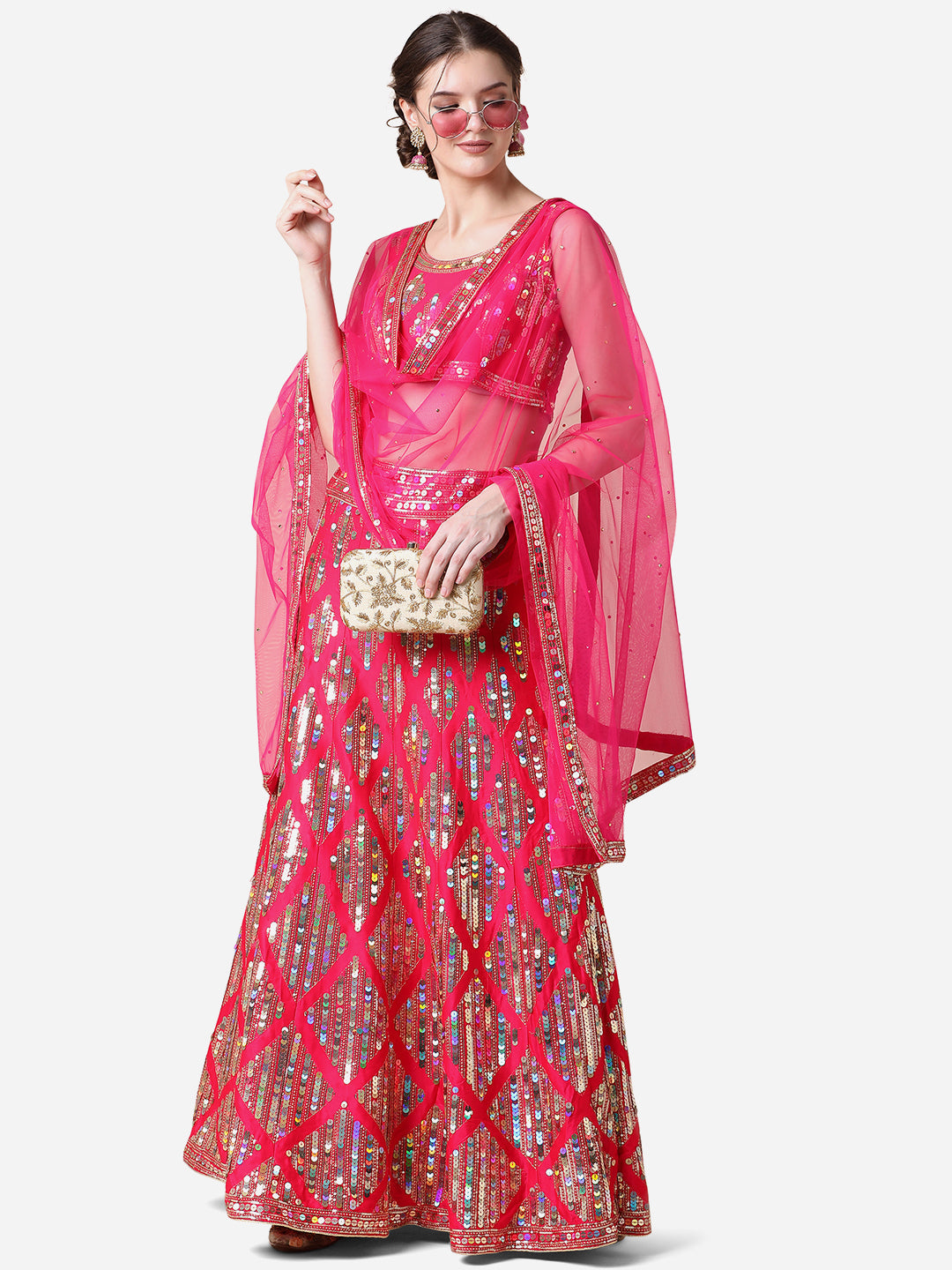 Rani Pink Embroidered Malai Satin Lehenga Choli for Parties