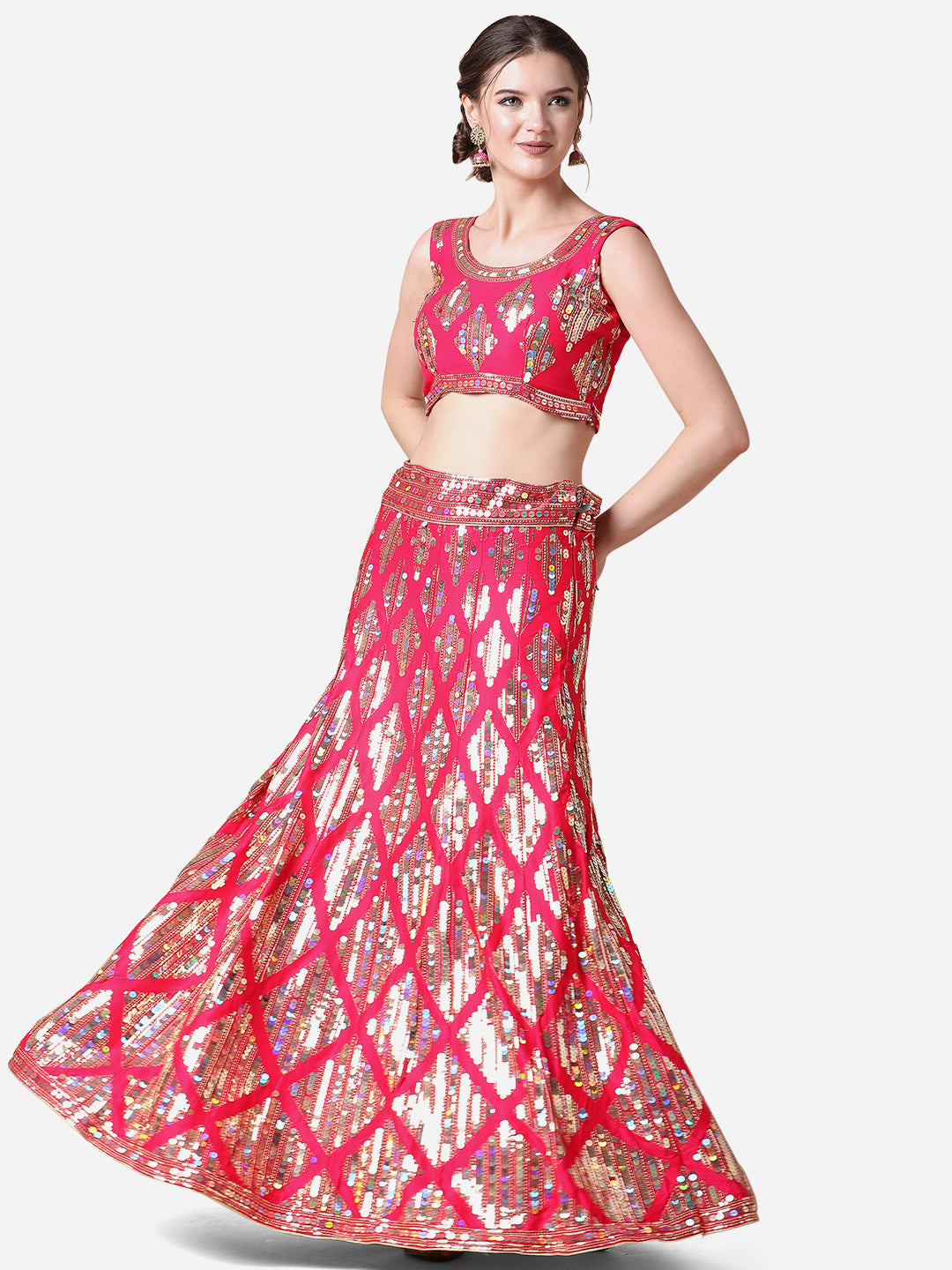 Rani Pink Embroidered Malai Satin Lehenga Choli for Parties