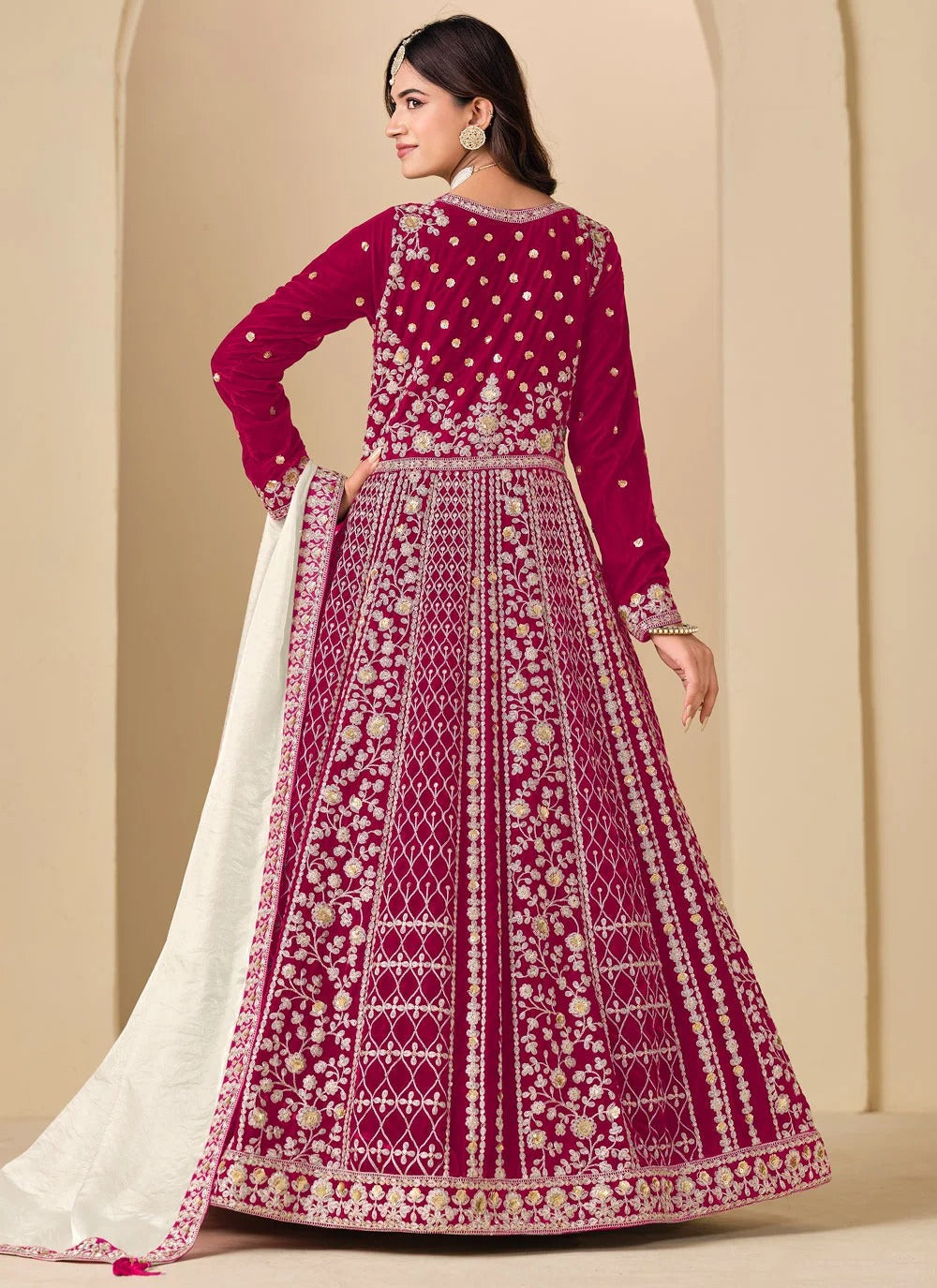 Rani pink velvet anarkali suit with embroidery work silk dupatta