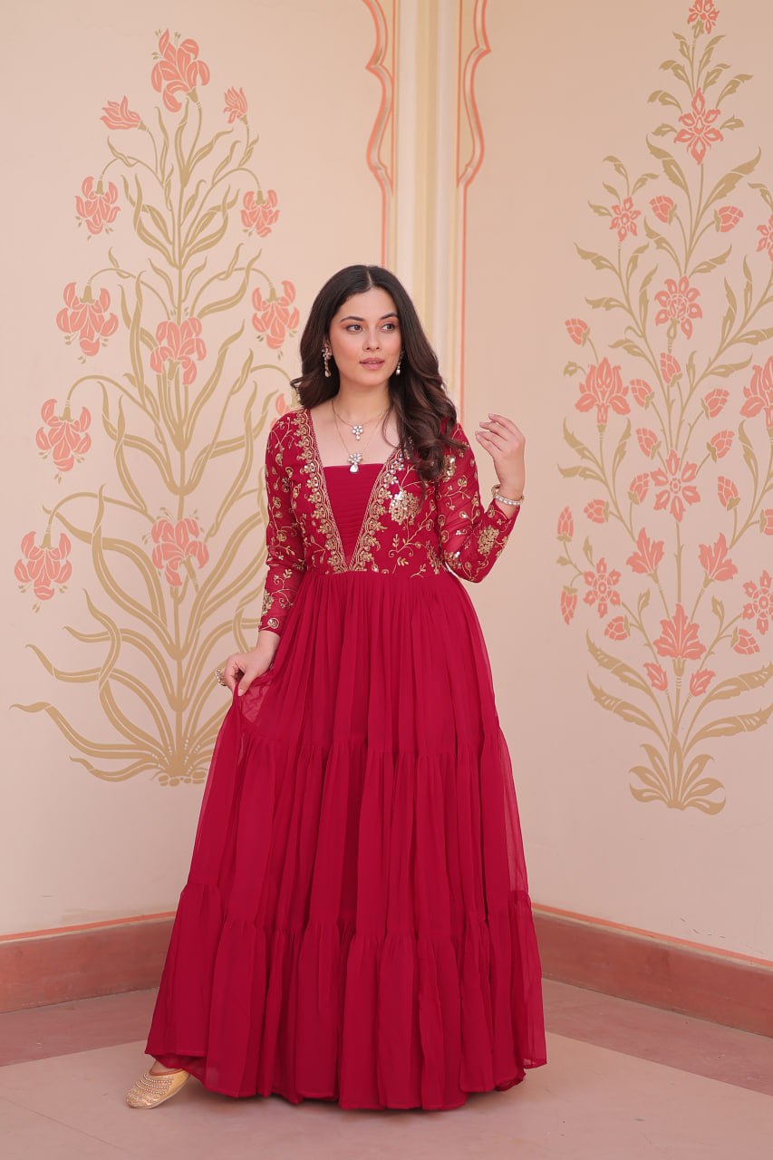 Rani Pink Faux Blooming Fabric Embroidered Gown with 12-Meter Flair & Fancy V-Neck Design