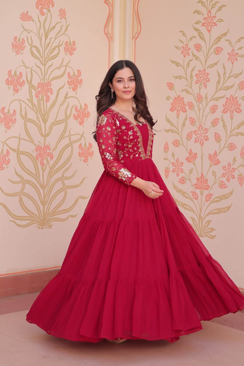 Rani Pink Faux Blooming Fabric Embroidered Gown with 12-Meter Flair & Fancy V-Neck Design