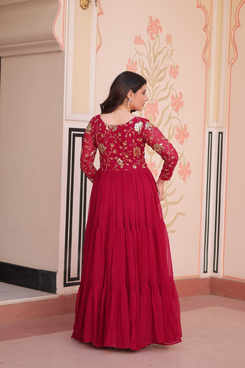 Rani Pink Faux Blooming Fabric Embroidered Gown with 12-Meter Flair & Fancy V-Neck Design