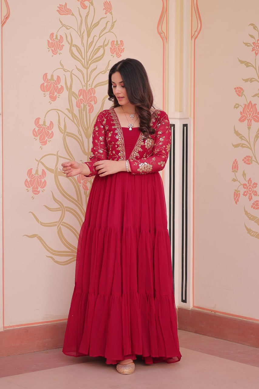 Rani Pink Faux Blooming Fabric Embroidered Gown with 12-Meter Flair & Fancy V-Neck Design