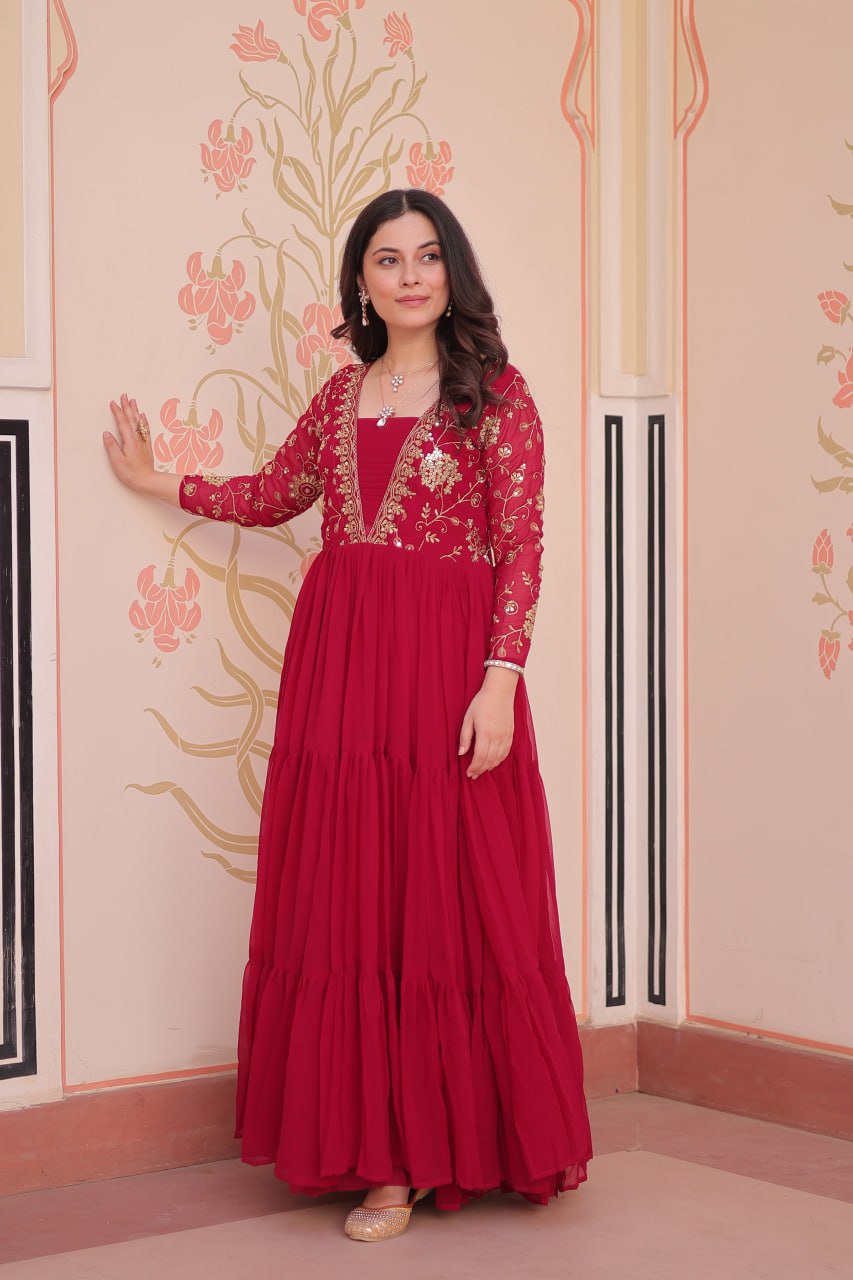 Rani Pink Faux Blooming Fabric Embroidered Gown with 12-Meter Flair & Fancy V-Neck Design