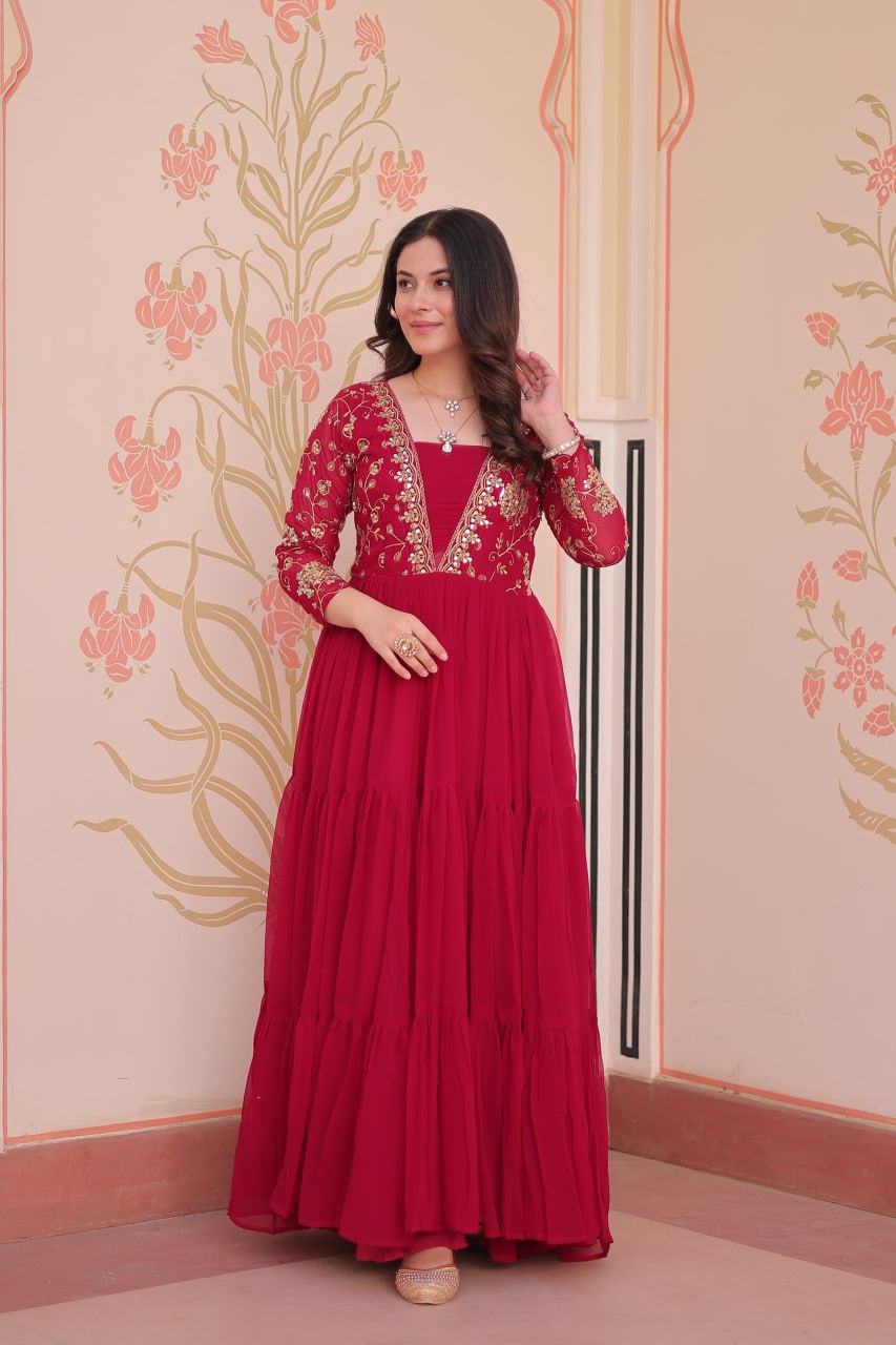 Rani Pink Faux Blooming Fabric Embroidered Gown with 12-Meter Flair & Fancy V-Neck Design