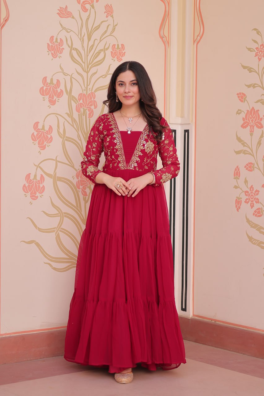 Rani Pink Faux Blooming Fabric Embroidered Gown with 12-Meter Flair & Fancy V-Neck Design