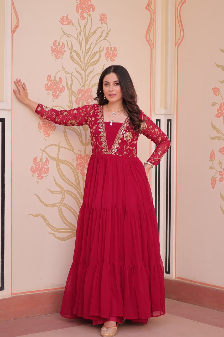 Rani Pink Faux Blooming Fabric Embroidered Gown with 12-Meter Flair & Fancy V-Neck Design