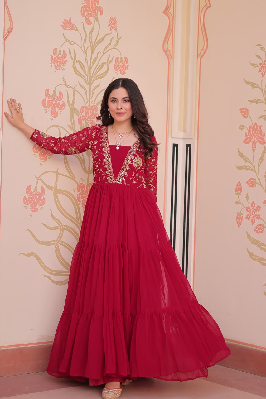 Rani Pink Faux Blooming Fabric Embroidered Gown with 12-Meter Flair & Fancy V-Neck Design