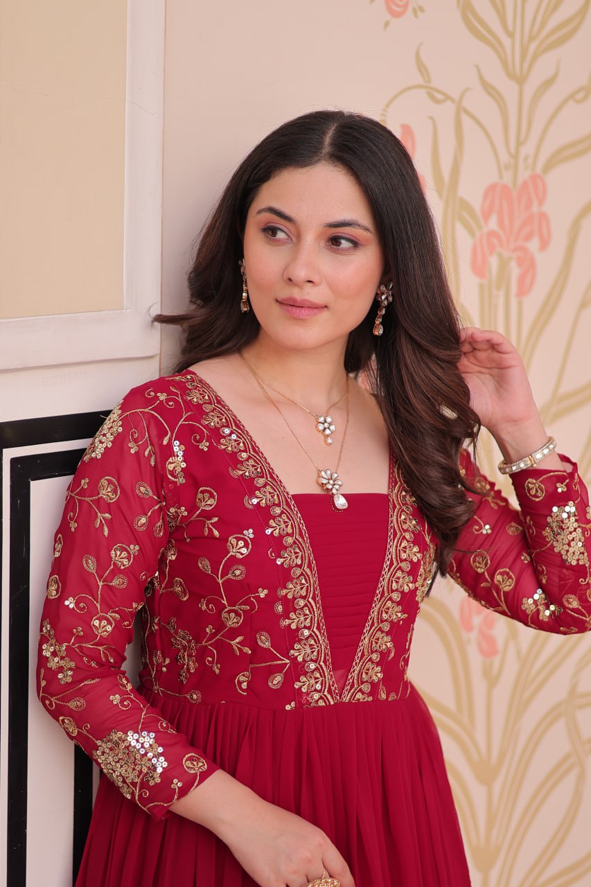 Rani Pink Faux Blooming Fabric Embroidered Gown with 12-Meter Flair & Fancy V-Neck Design