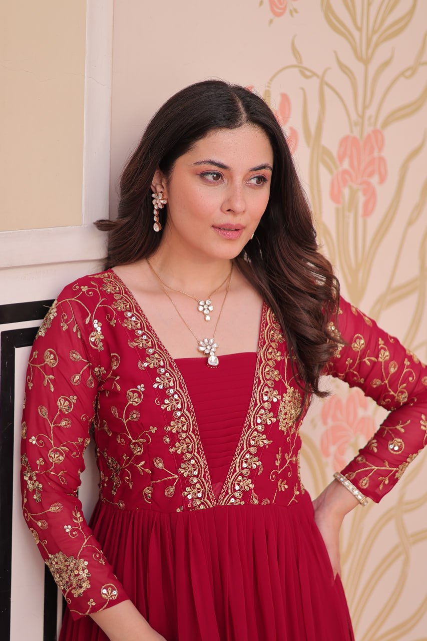 Rani Pink Faux Blooming Fabric Embroidered Gown with 12-Meter Flair & Fancy V-Neck Design